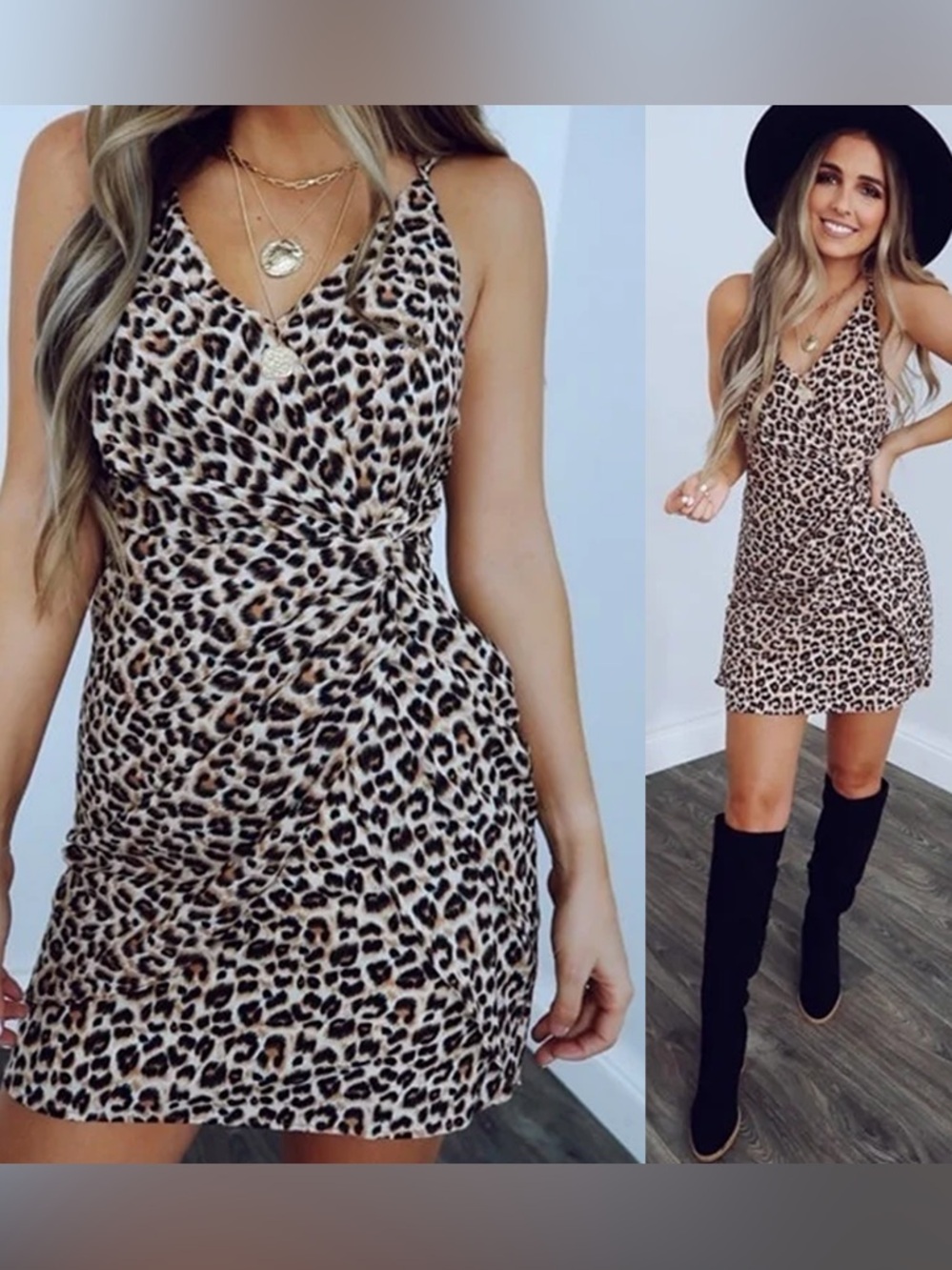 . Shop Hope’s Leopard Print Black & Tan Halter Wrap Tie Mini Dress